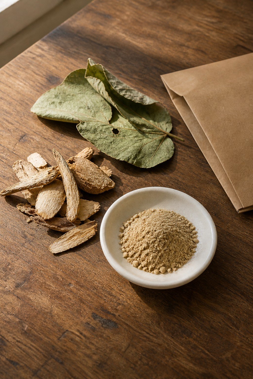 Botanical sourcing worktable with dried root slices, leaves, and a sample dish of extract powder.