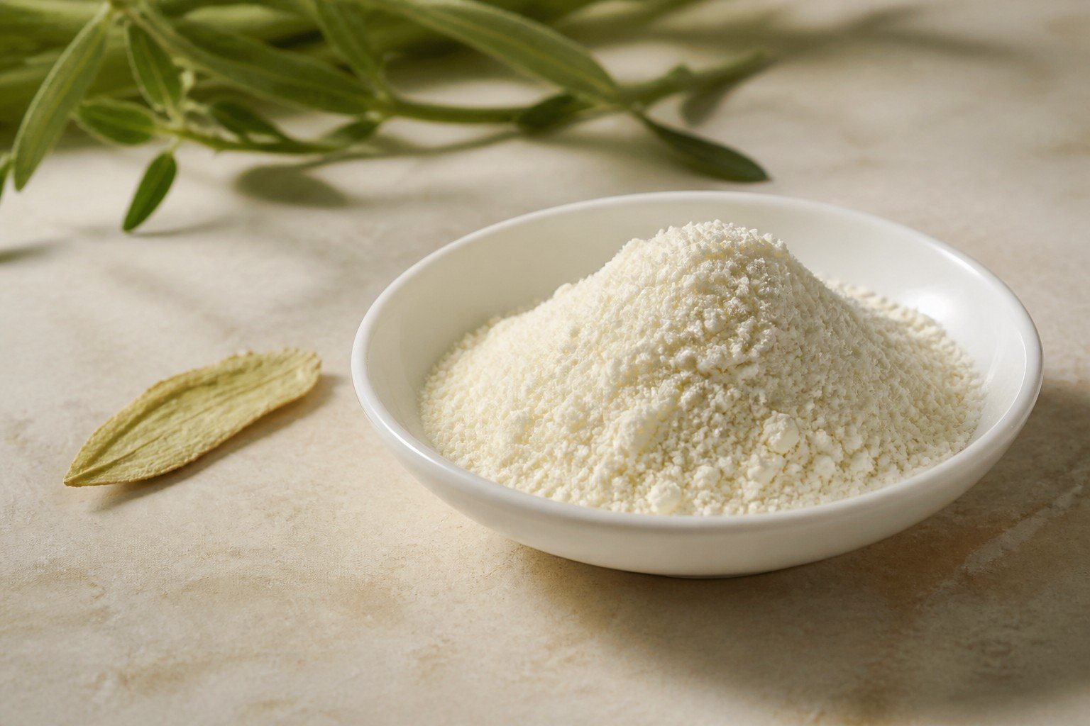 Fine purified botanical constituent powder in a porcelain dish.