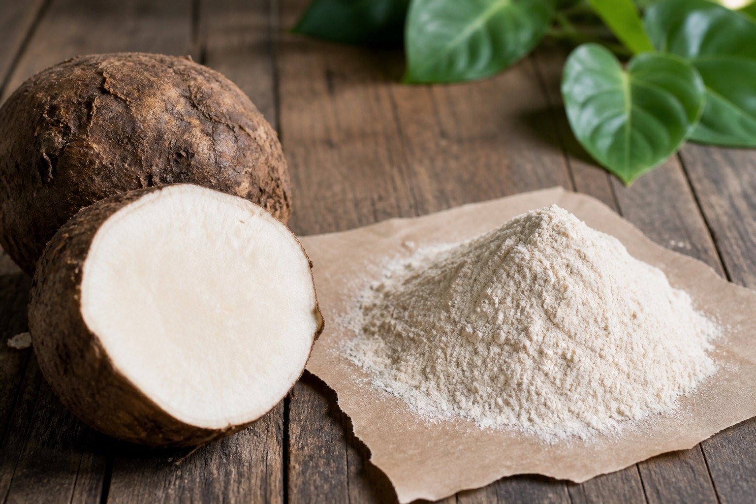 Sliced konjac corm and pale functional fiber powder on kraft paper.
