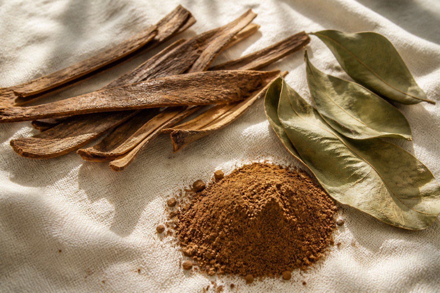 Bark, leaf fragments and polyphenol-rich botanical extract powder.