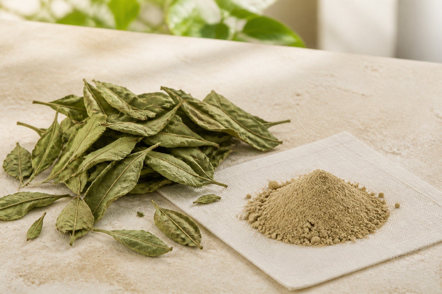 Botanical leaves, roots and extract powder representing standardized botanical extracts.