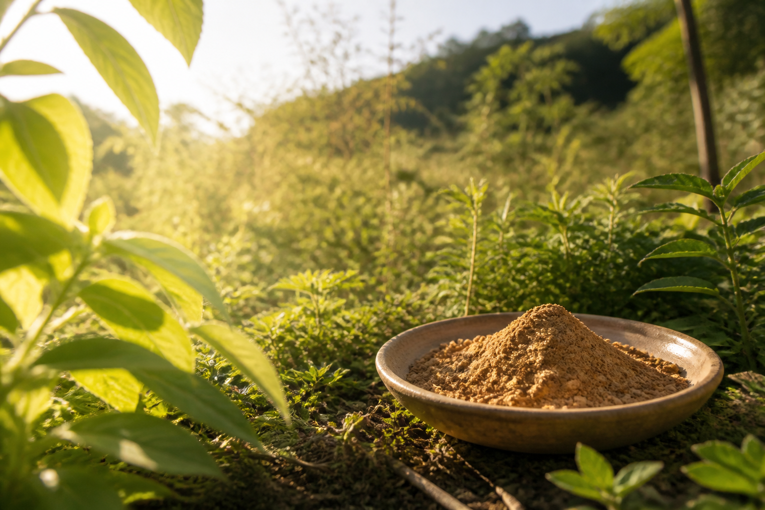 Sunlit botanical field with a ceramic dish of botanical-extract powder in the middle ground.