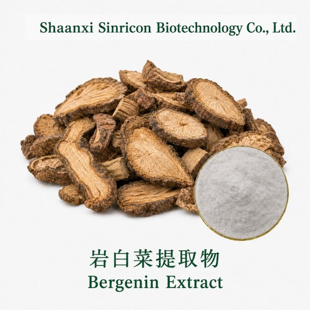 Bergenin Extract product image with Bergenia raw material and extract powder.