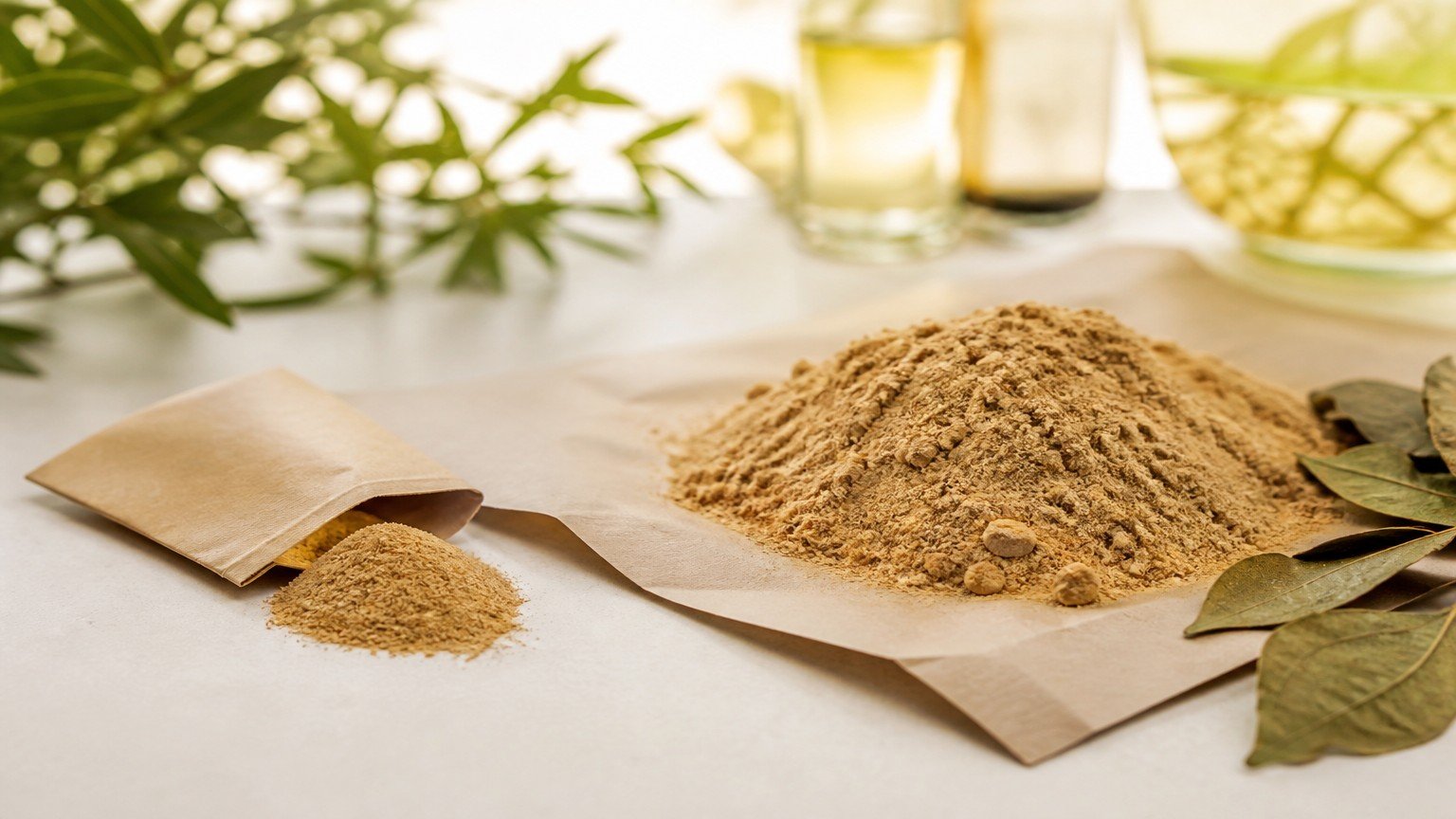 Sample envelope and botanical extract powder illustrating sample-to-bulk review.