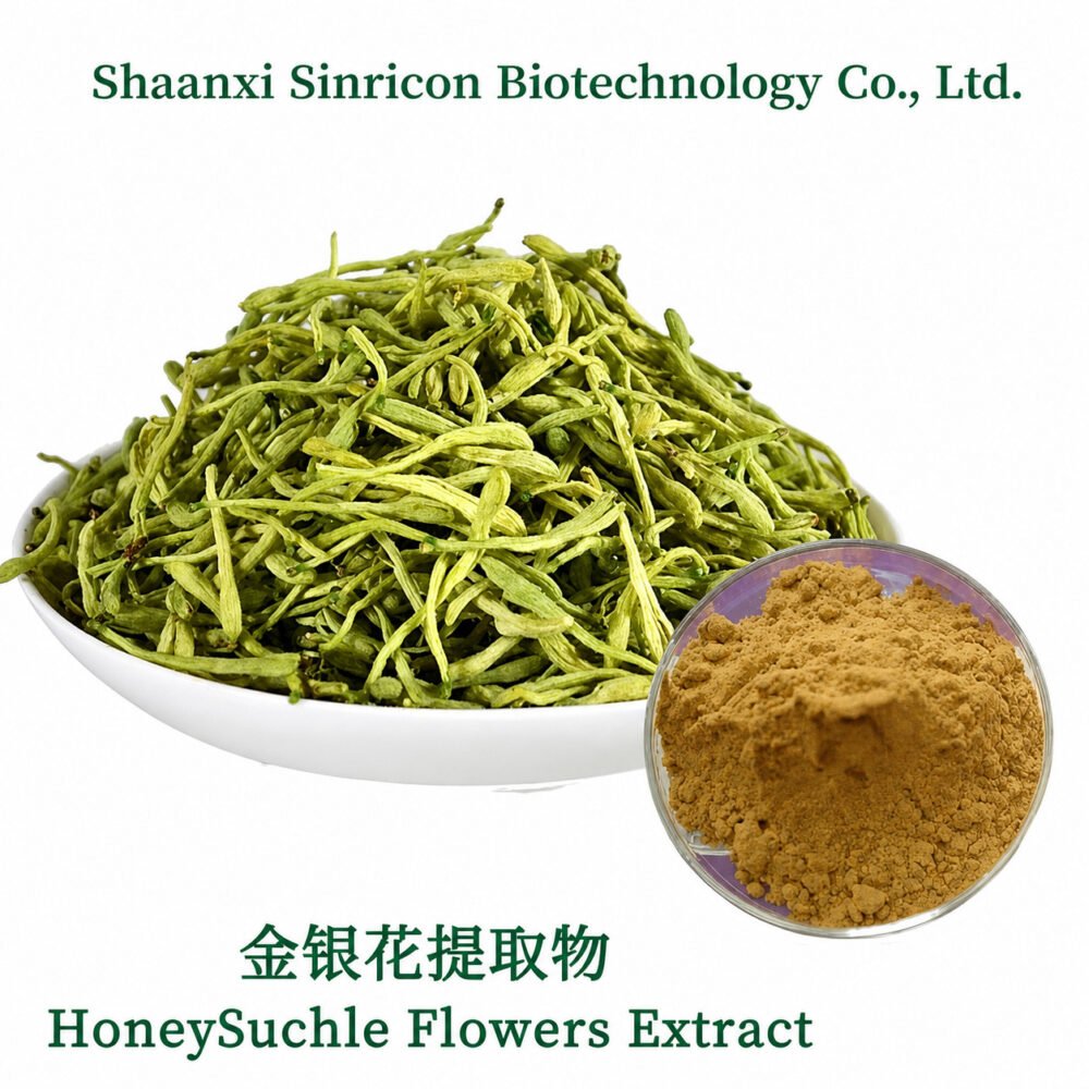Honeysuckle Flowers Extract product image with botanical source material and extract powder.