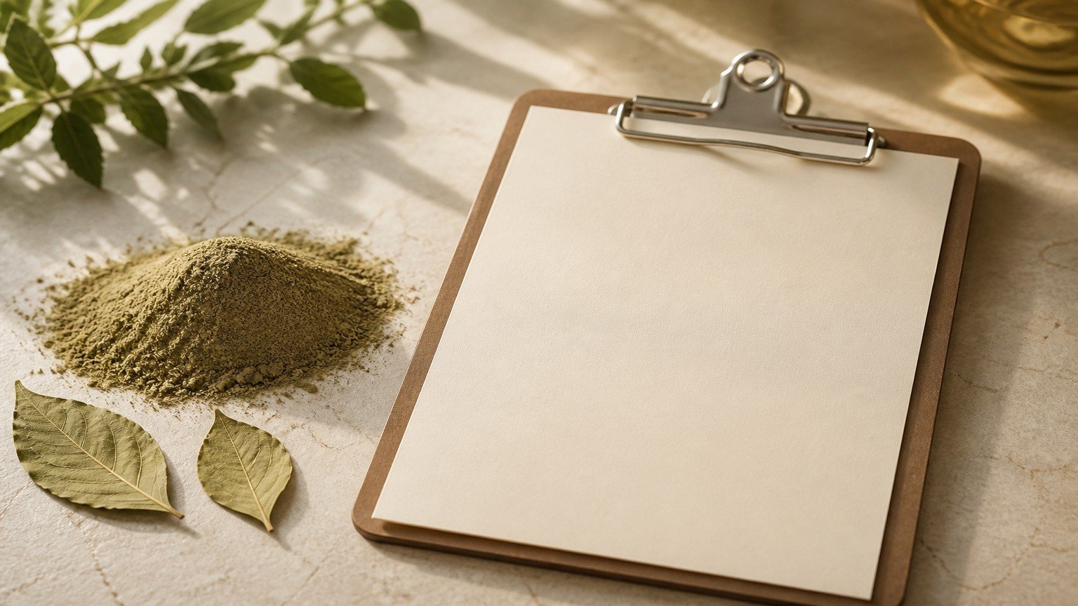 Clipboard and botanical extract powder representing COA review practice.