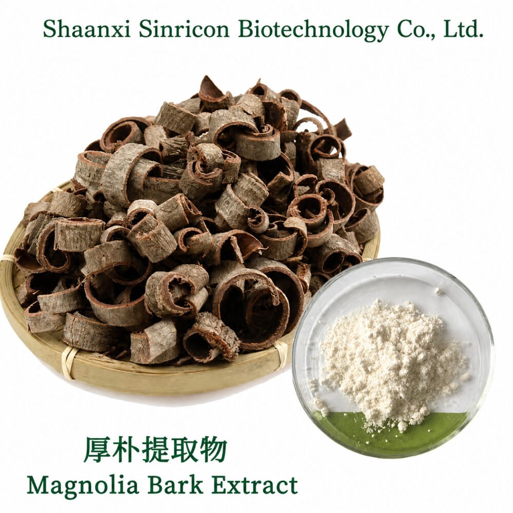 Magnolia Bark Extract product image with botanical source material and extract powder.