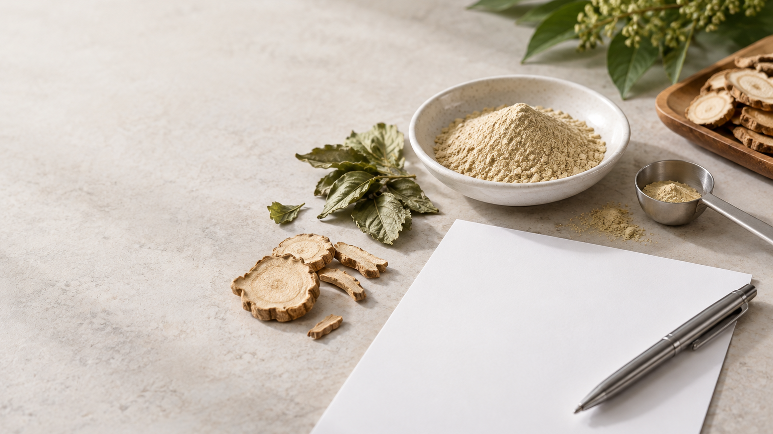 Botanical extract powder, dried botanicals and a blank specification brief