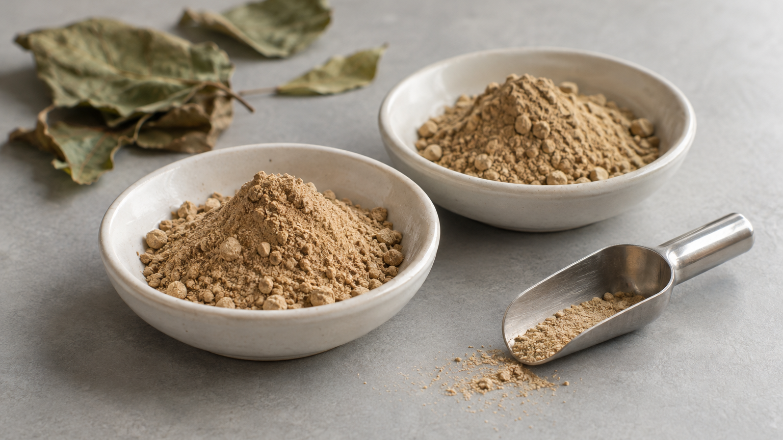 Two dishes of tan botanical powder beside a metal scoop and dried leaves on a pale tabletop